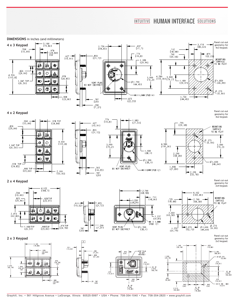 4 x 3 keypad 4 x 2 keypad dimensions, 2 x 4 keypad, 2 x 3 keypad | Grayhill Keypads 3K Series User Manual | Page 3 / 4