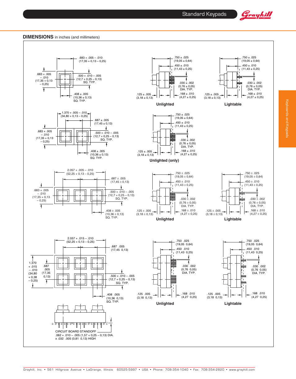 Standard keypads, Dimensions | Grayhill Keypads 82 Series User Manual | Page 2 / 6