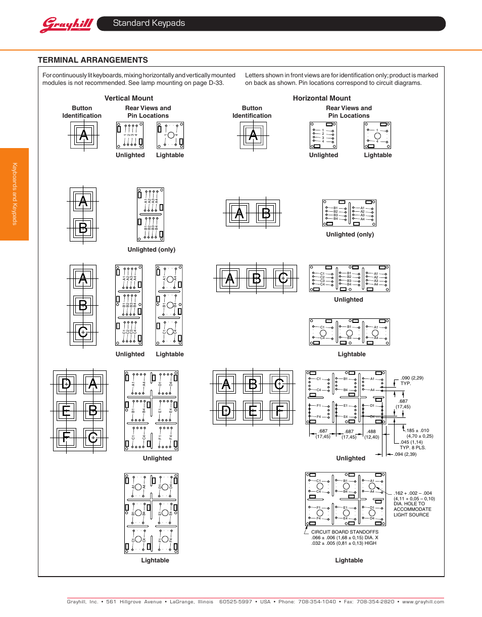 Ab c, Standard keypads, Terminal arrangements | Vertical mount horizontal mount | Grayhill Keypads 82 Series User Manual | Page 3 / 6