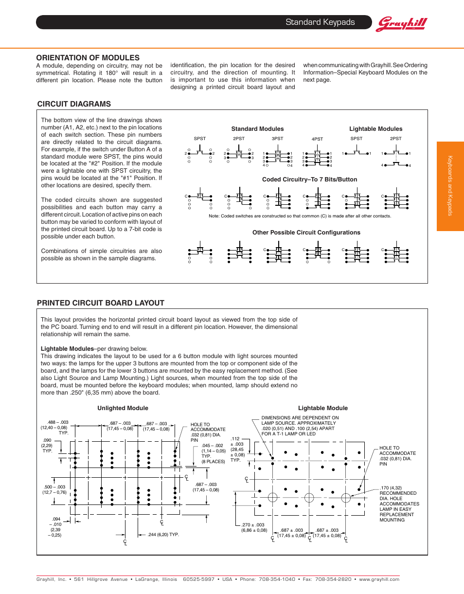 Standard keypads, Orientation of modules, Printed circuit board layout | Circuit diagrams | Grayhill Keypads 82 Series User Manual | Page 4 / 6