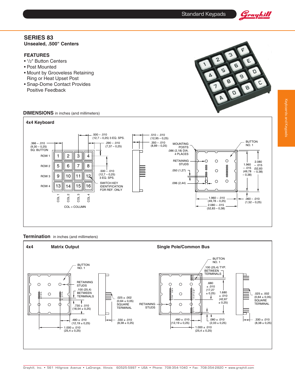 Standard keypads, Series 83, Dimensions | Termination, Unsealed, .500" centers features | Grayhill Keypads 83 Series User Manual | Page 2 / 4