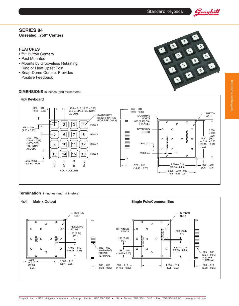 Standard keypads, Series 84, Dimensions | Termination, Unsealed, .750" centers features | Grayhill Keypads 84 Series User Manual | Page 2 / 4