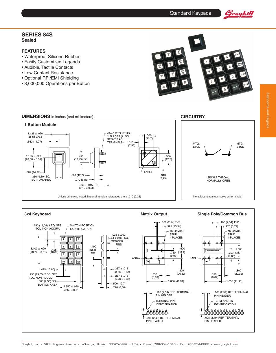 Grayhill Keypads 84S Series User Manual | 3 pages