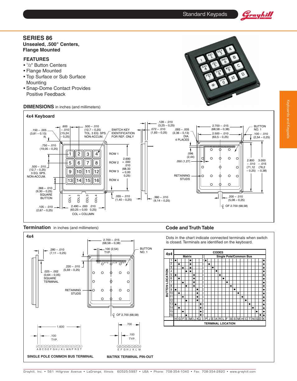 Standard keypads, Series 86 | Grayhill Keypads 86 Series User Manual | Page 2 / 4