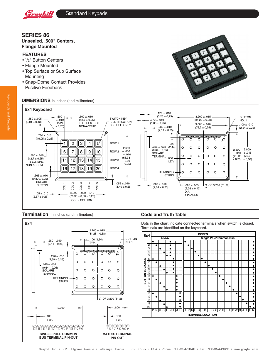 Standard keypads, Series 86 | Grayhill Keypads 86 Series User Manual | Page 3 / 4