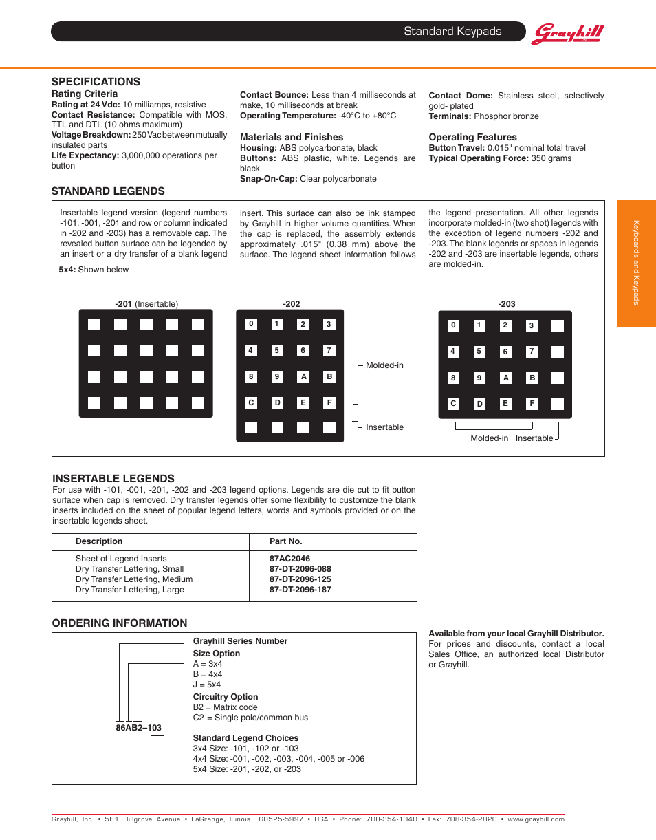 Standard keypads | Grayhill Keypads 86 Series User Manual | Page 4 / 4