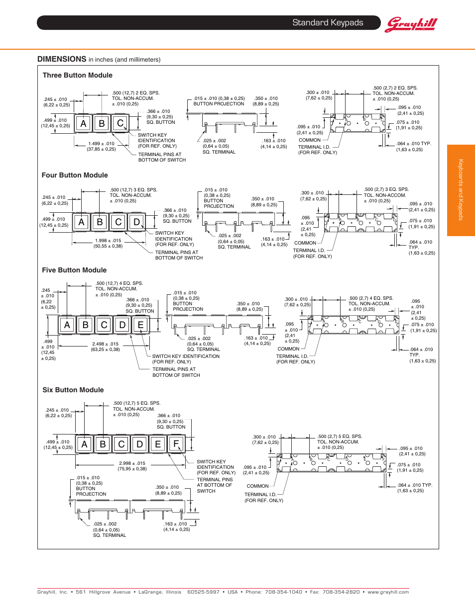 Standard keypads, Ab c, Ab c d | Ab c d e, Dimensions | Grayhill Keypads 87 Series User Manual | Page 2 / 5