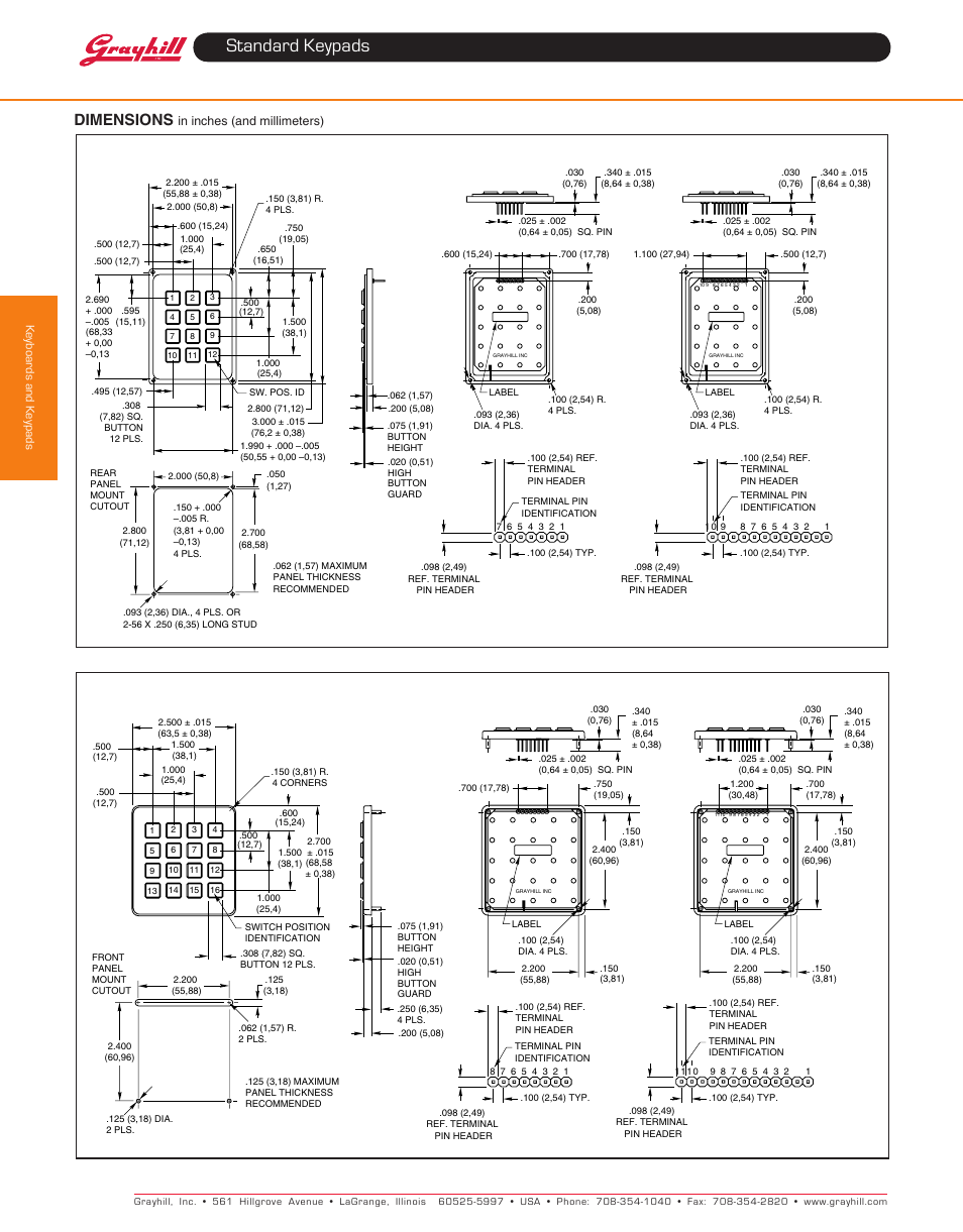 Standard keypads, Dimensions | Grayhill Keypads 96 Series User Manual | Page 2 / 4