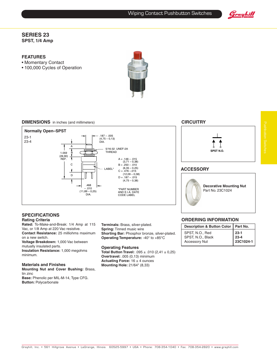 Grayhill Pushbutton switches: Wiping Contacts 23 Series User Manual | 1 page