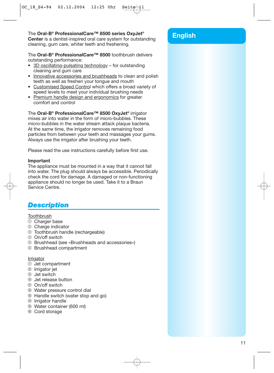 Description, English | Braun 8500 Series User Manual | Page 11 / 92