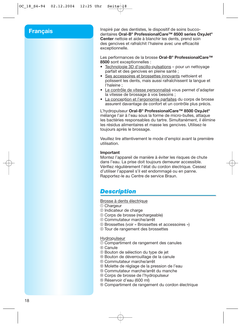 Description, Français | Braun 8500 Series User Manual | Page 18 / 92