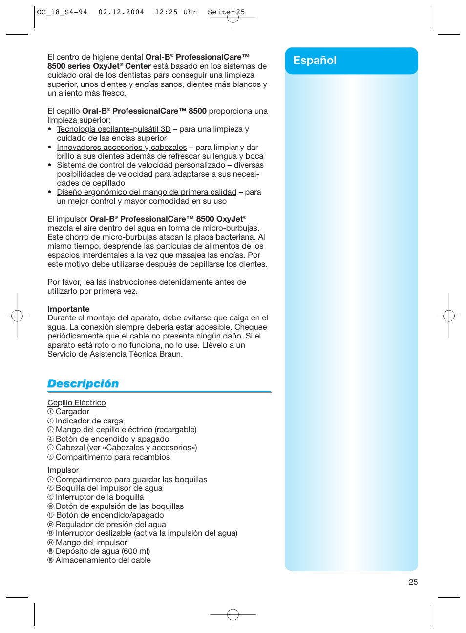 Descripción, Español | Braun 8500 Series User Manual | Page 25 / 92