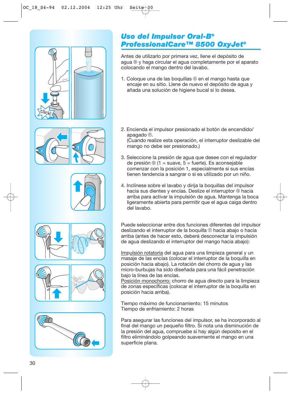 Uso del impulsor oral-b | Braun 8500 Series User Manual | Page 30 / 92