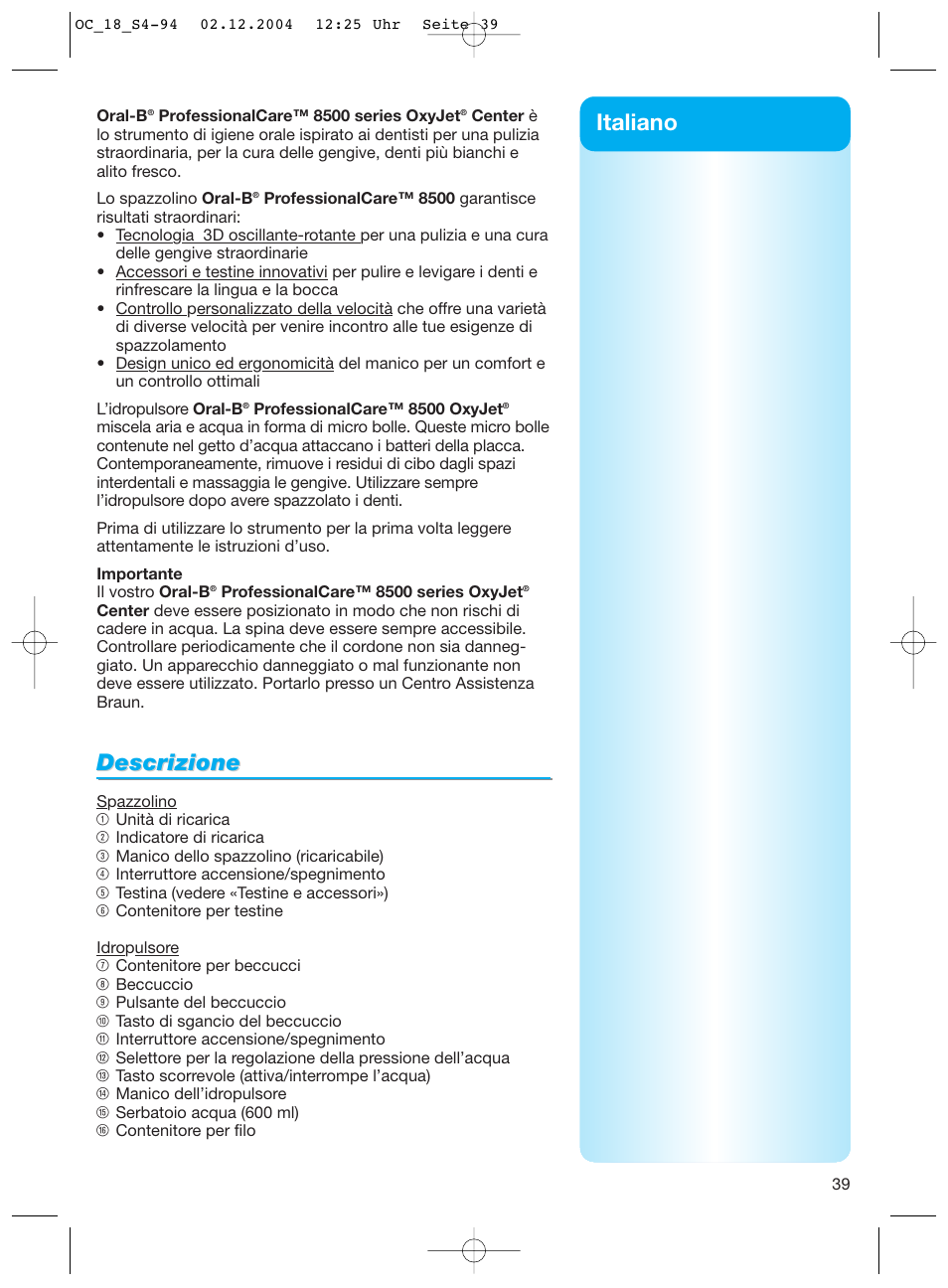 Descrizione, Italiano | Braun 8500 Series User Manual | Page 39 / 92