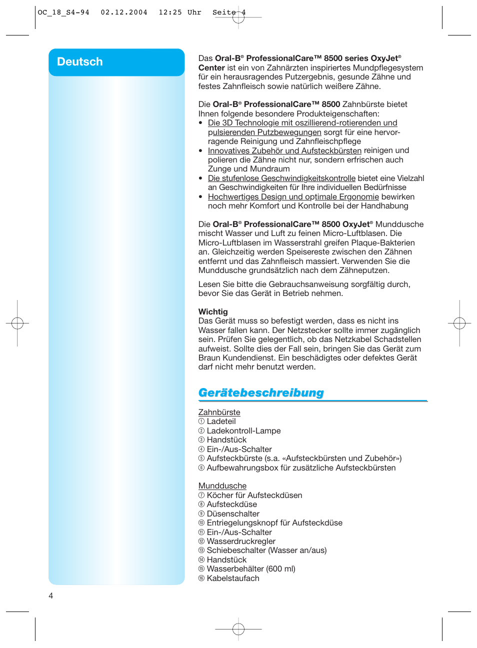Gerätebeschr, Gerätebeschr eibung eibung, Deutsch | Braun 8500 Series User Manual | Page 4 / 92