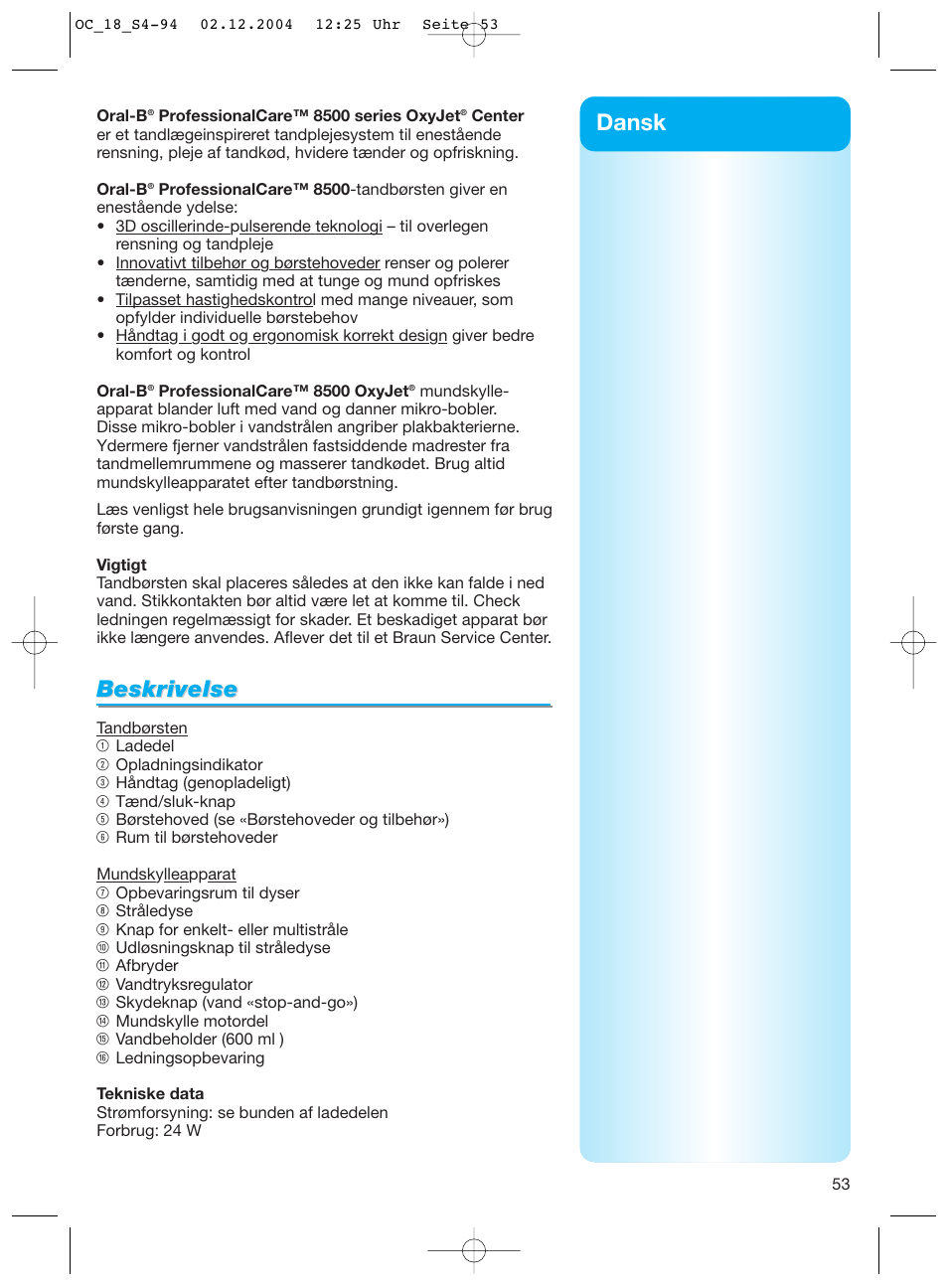 Beskrivelse, Dansk | Braun 8500 Series User Manual | Page 53 / 92