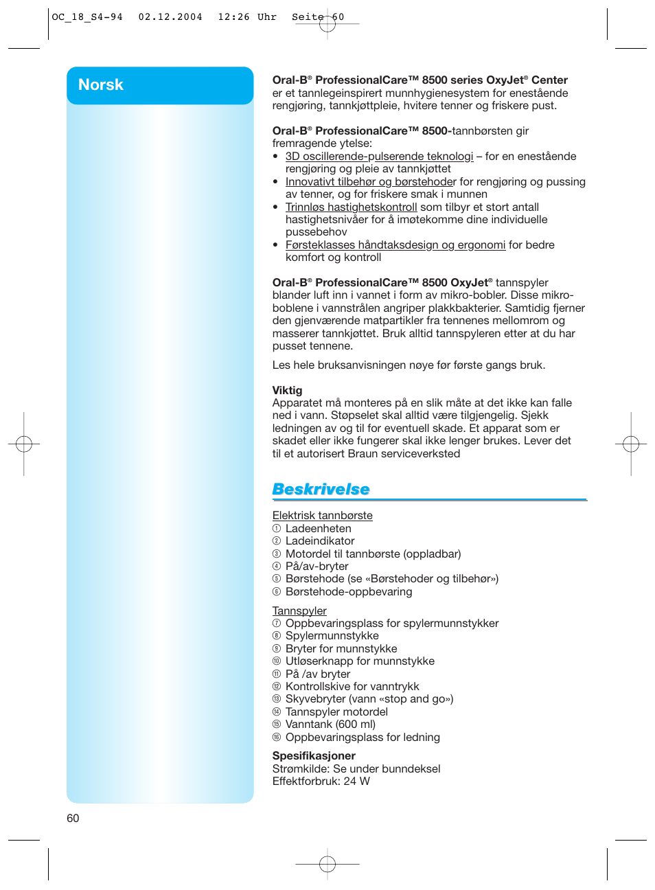 Beskrivelse, Norsk | Braun 8500 Series User Manual | Page 60 / 92