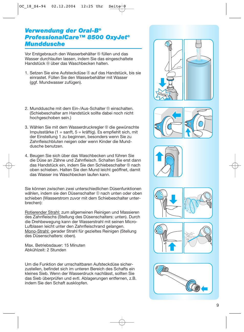 Ver er wendung der oral-b wendung der oral-b, Munddusche | Braun 8500 Series User Manual | Page 9 / 92