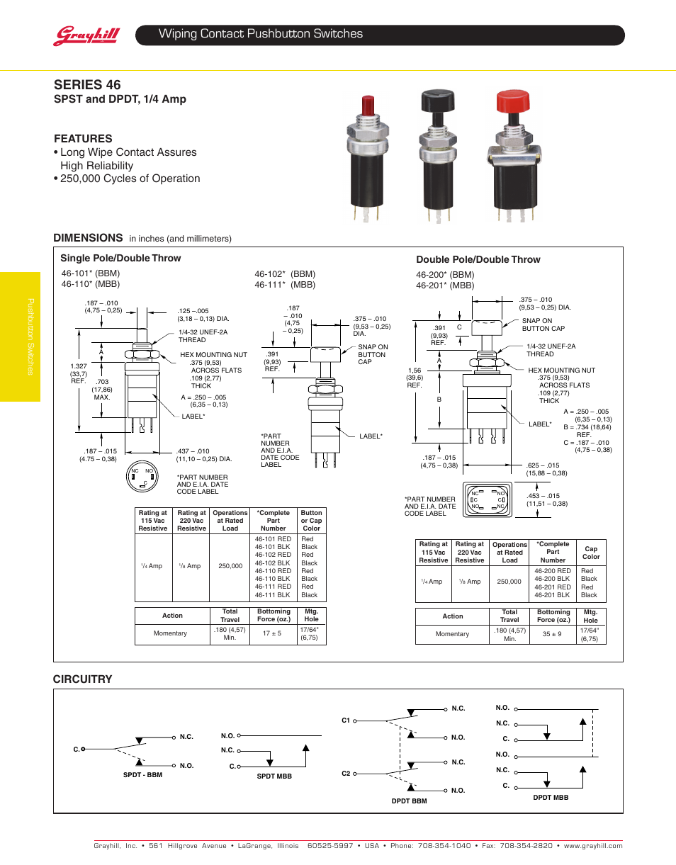 Grayhill Pushbutton switches: Wiping Contacts 46 Series User Manual | 3 pages