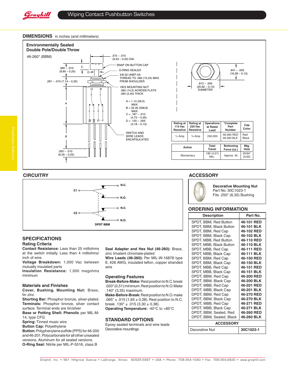 Wiping contact pushbutton switches, Dimensions, Accessory circuitry | Specifications, Standard options, Ordering information | Grayhill Pushbutton switches: Wiping Contacts 46 Series User Manual | Page 3 / 3