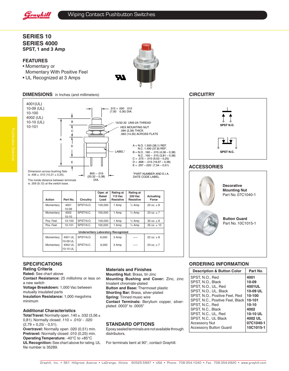 Grayhill Pushbutton switches: Wiping Contacts 4000 Series User Manual | 1 page