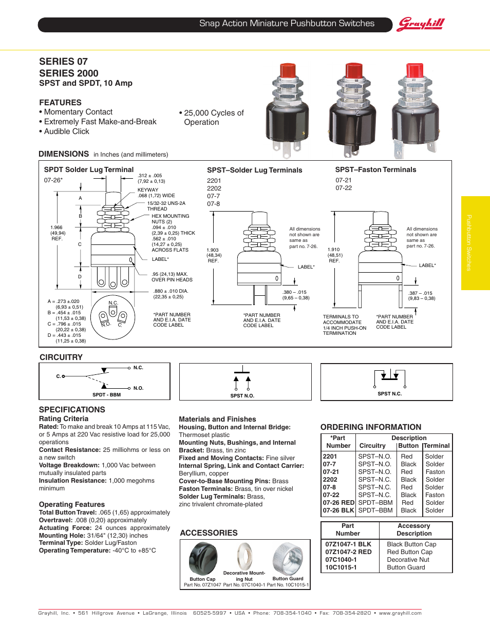 Grayhill Pushbutton switches: Snap Action 2000 Series User Manual | 1 page