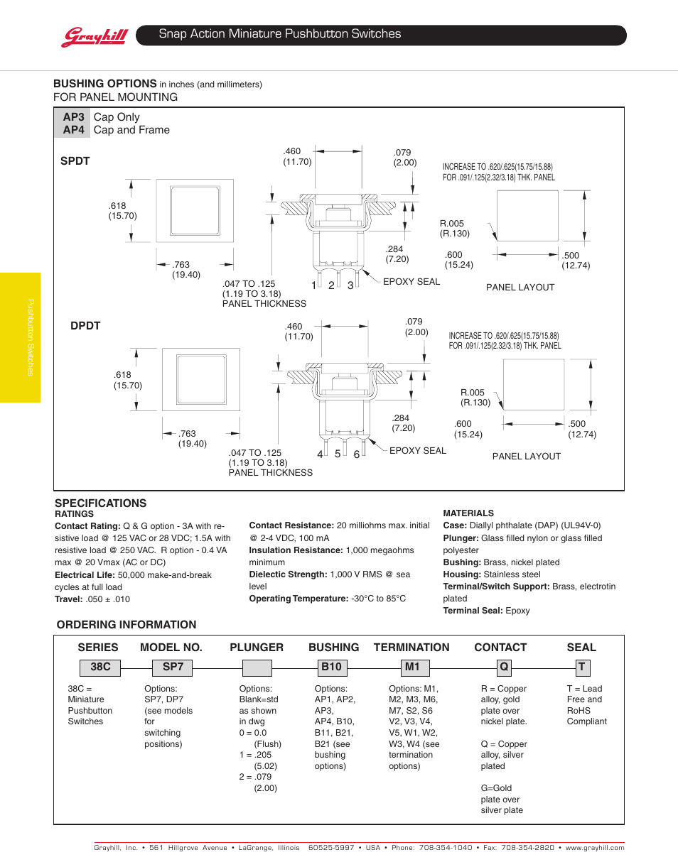 Snap action miniature pushbutton switches | Grayhill Pushbutton switches: Snap Action 38C Series User Manual | Page 5 / 5