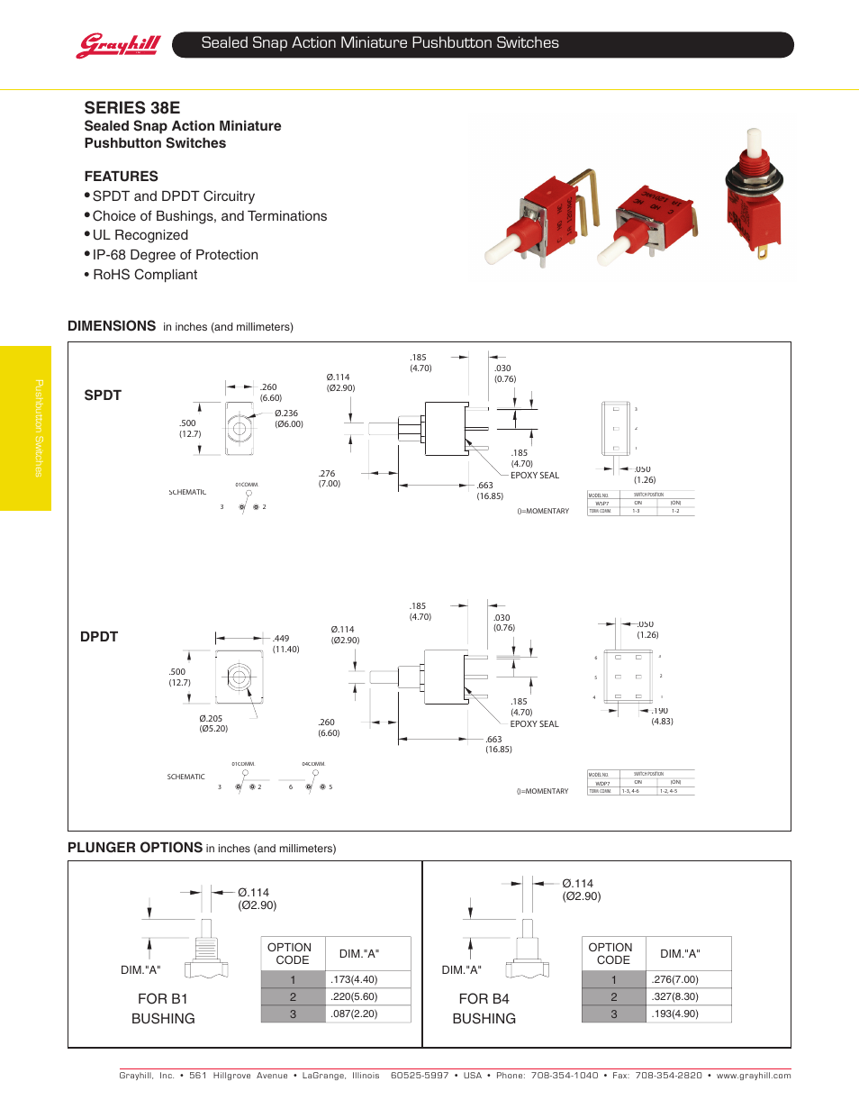 Grayhill Pushbutton switches: Snap Action 38E Series User Manual | 5 pages