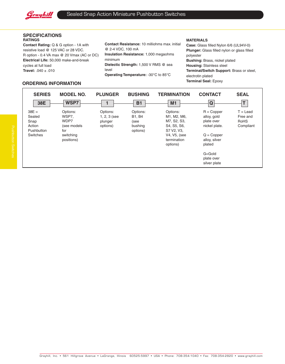 Sealed snap action miniature pushbutton switches | Grayhill Pushbutton switches: Snap Action 38E Series User Manual | Page 5 / 5