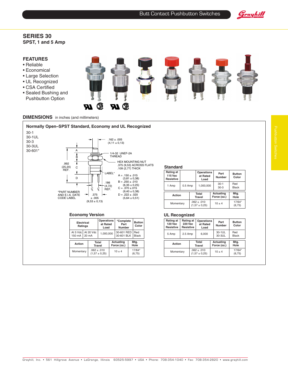 Grayhill Pushbutton switches: Butt Contact 30 Series SPST, 1 and 5 Amp User Manual | 4 pages