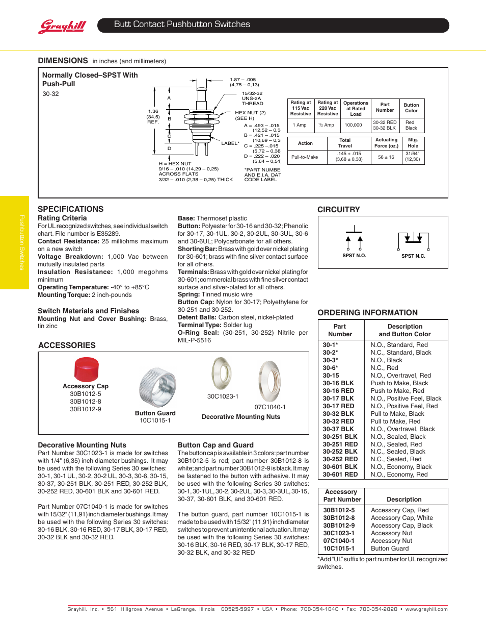 Butt contact pushbutton switches, Dimensions, Accessories | Specifications, Circuitry ordering information | Grayhill Pushbutton switches: Butt Contact 30 Series SPST, 1 and 5 Amp User Manual | Page 4 / 4