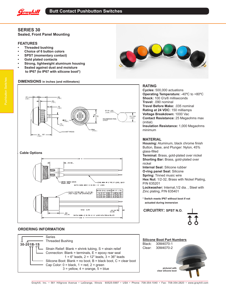 Grayhill Pushbutton switches: Butt Contact 30 Series Sealed, Front Panel Mounting User Manual | 1 page