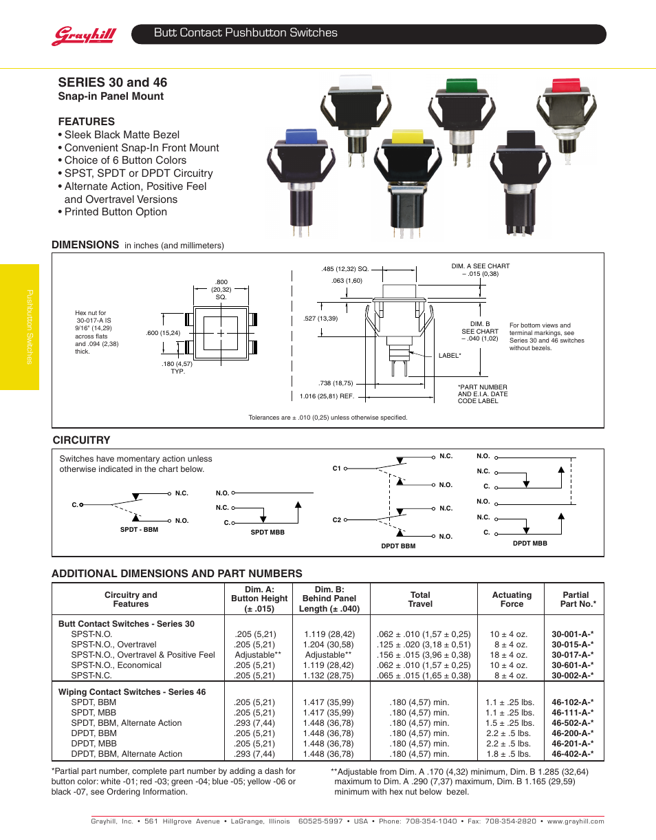 Grayhill Pushbutton switches: Butt Contact 46 Series User Manual | 4 pages
