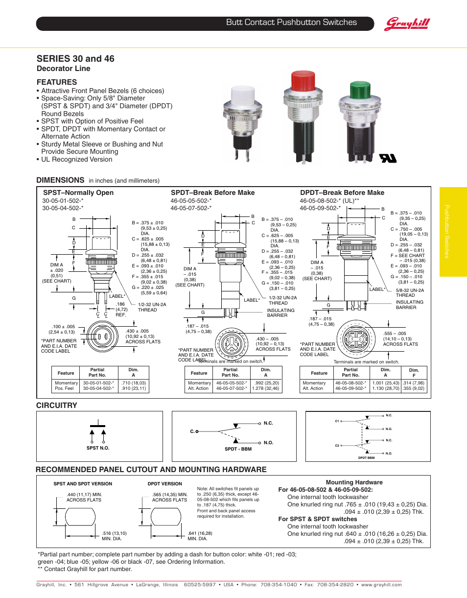Butt contact pushbutton switches series 30 and 46, Decorator line features, Circuitry dimensions | Recommended panel cutout and mounting hardware, Dpdt–break before make | Grayhill Pushbutton switches: Butt Contact 46 Series User Manual | Page 2 / 4