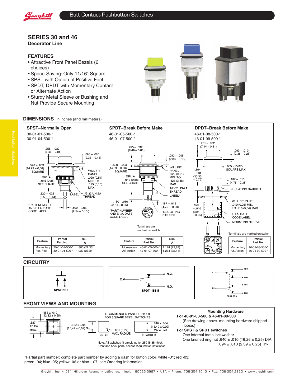 Butt contact pushbutton switches series 30 and 46, Dimensions, Front views and mounting | Grayhill Pushbutton switches: Butt Contact 46 Series User Manual | Page 3 / 4