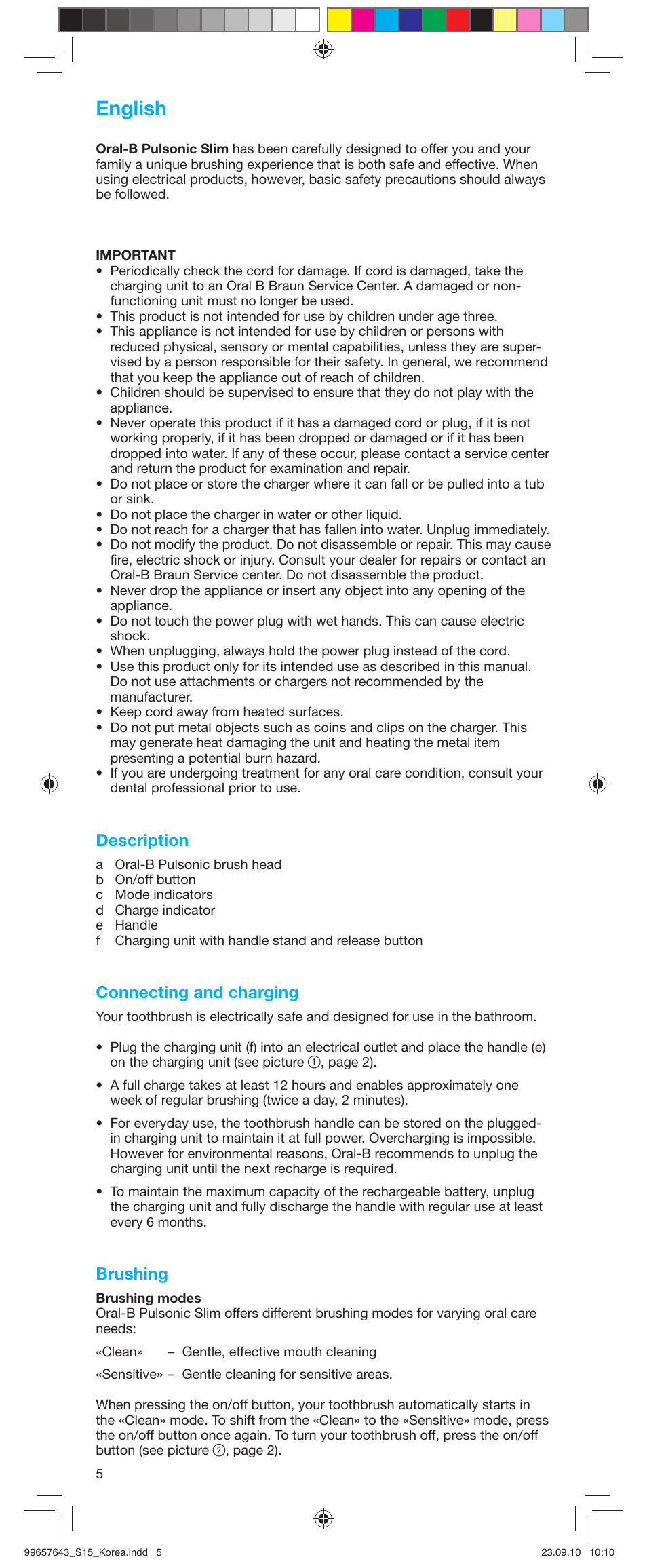 English, Description, Connecting and charging | Brushing | Braun Pulsonic S 15.523.2 User Manual | Page 5 / 6