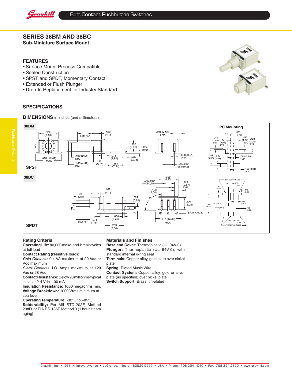 Grayhill Pushbutton switches: Butt Contact 38BC Series User Manual | 2 pages