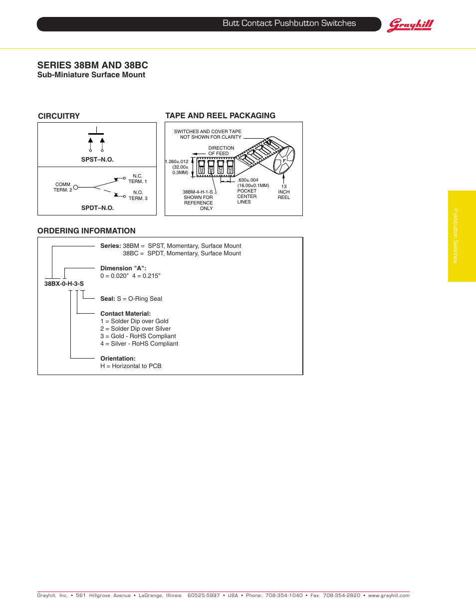 Butt contact pushbutton switches, Series 38bm and 38bc, Sub-miniature surface mount | Grayhill Pushbutton switches: Butt Contact 38BC Series User Manual | Page 2 / 2