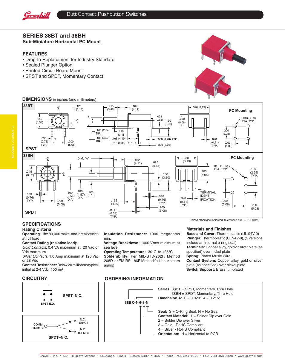 Grayhill Pushbutton switches: Butt Contact 38BH Series User Manual | 1 page