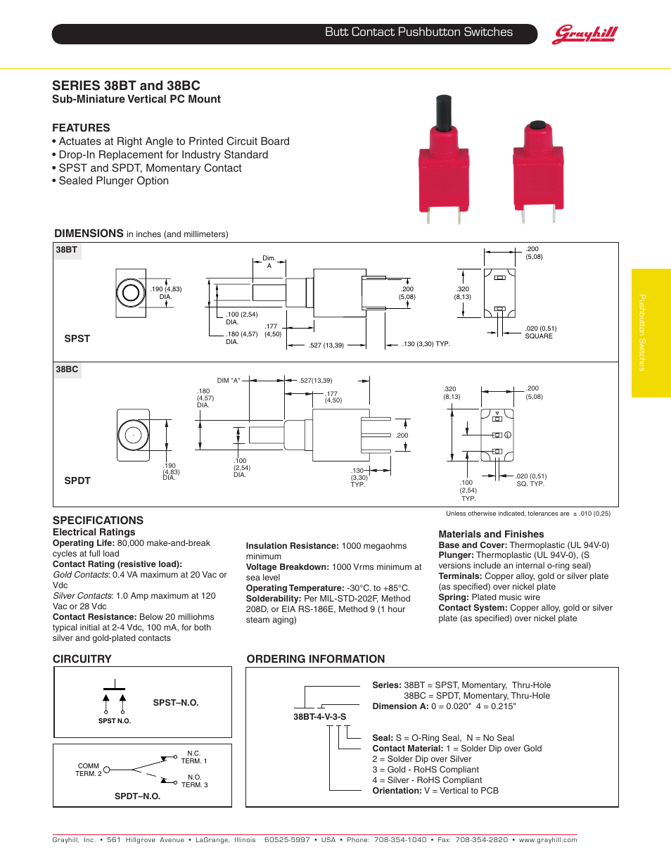 Grayhill Pushbutton switches: Butt Contact 38BC Series User Manual | 1 page