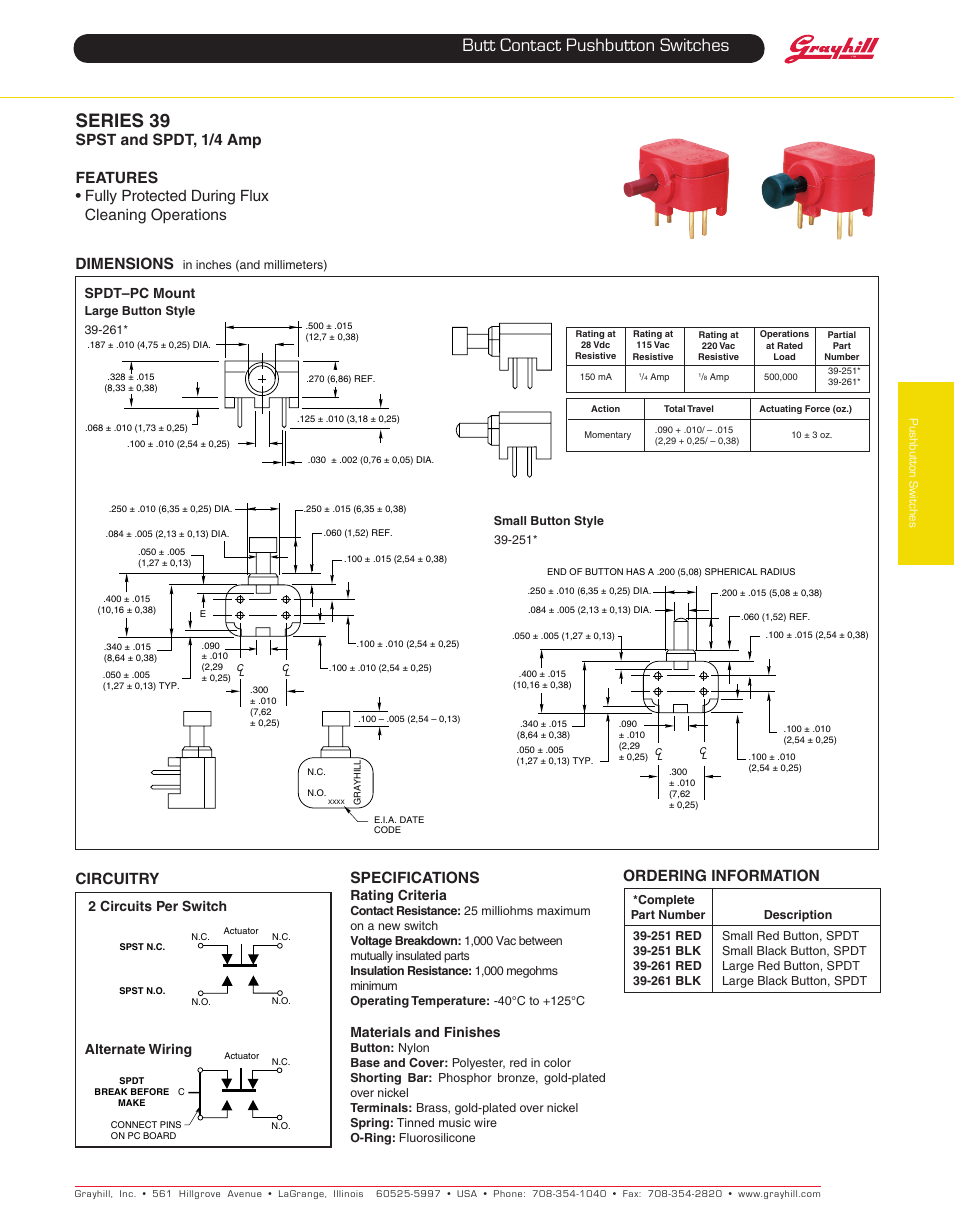Grayhill Pushbutton switches: Butt Contact 39 Two Circuit Switch Series User Manual | 1 page