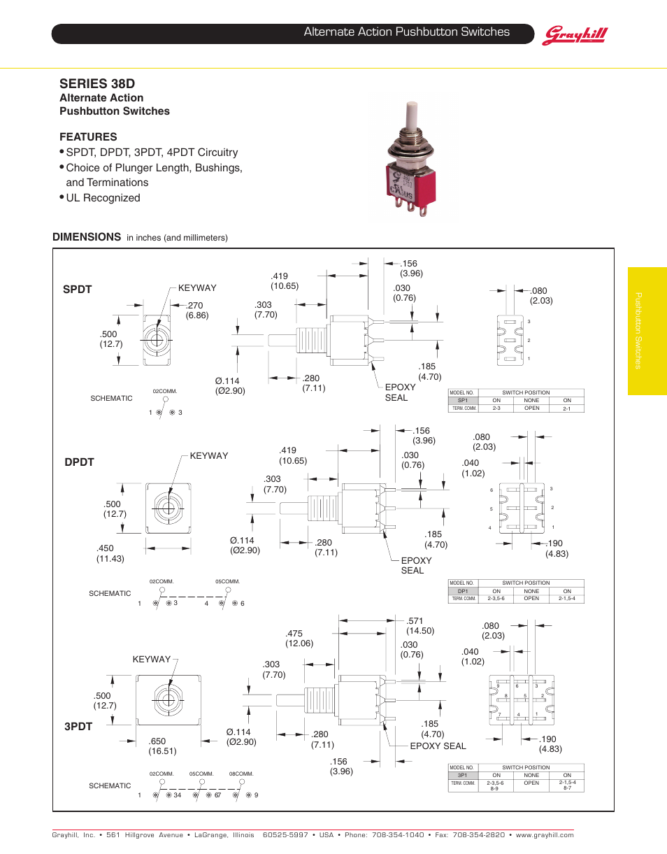 Grayhill Pushbutton switches: Butt Contact 38D Series User Manual | 5 pages