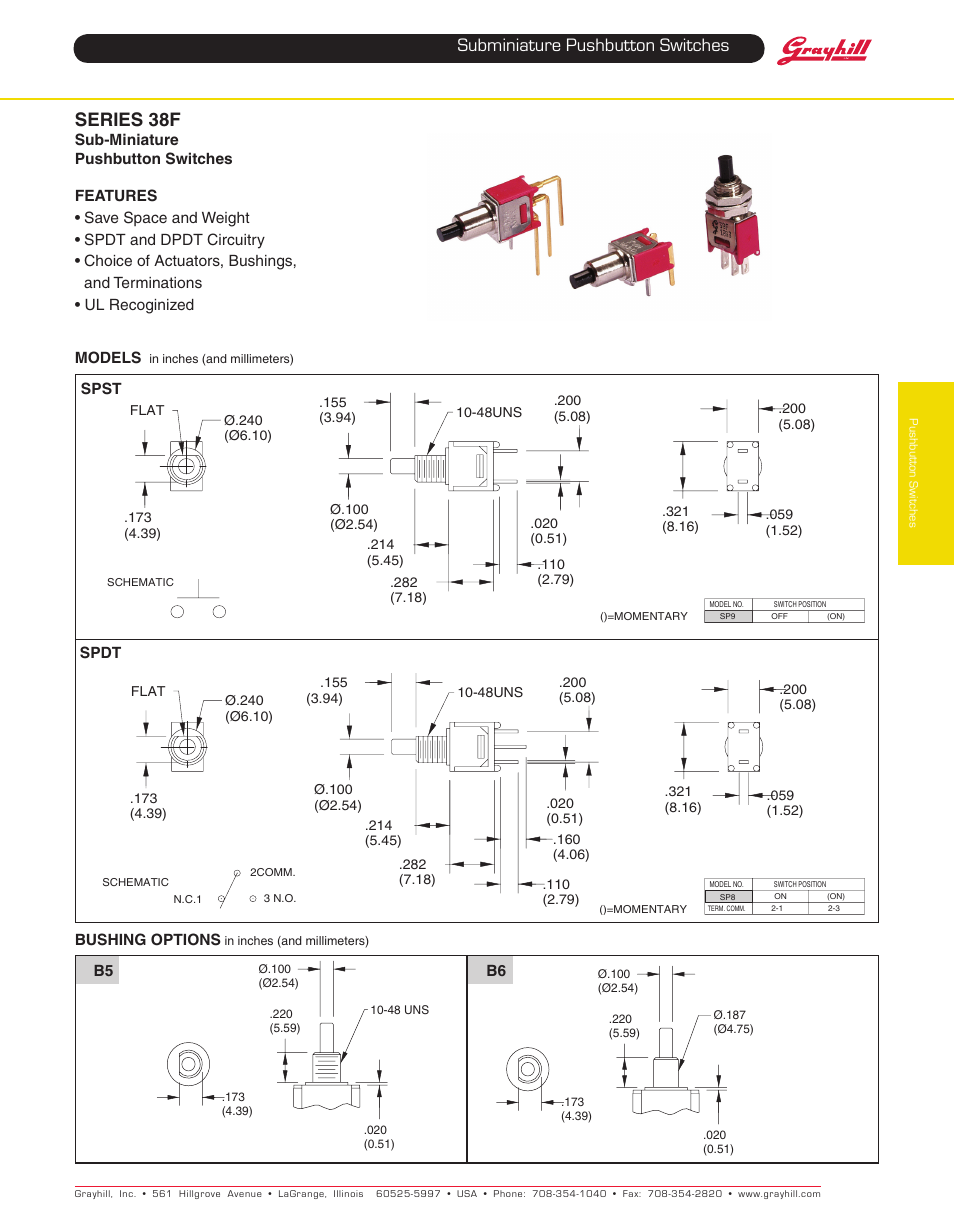 Grayhill Pushbutton switches: Butt Contact 38F Series User Manual | 4 pages