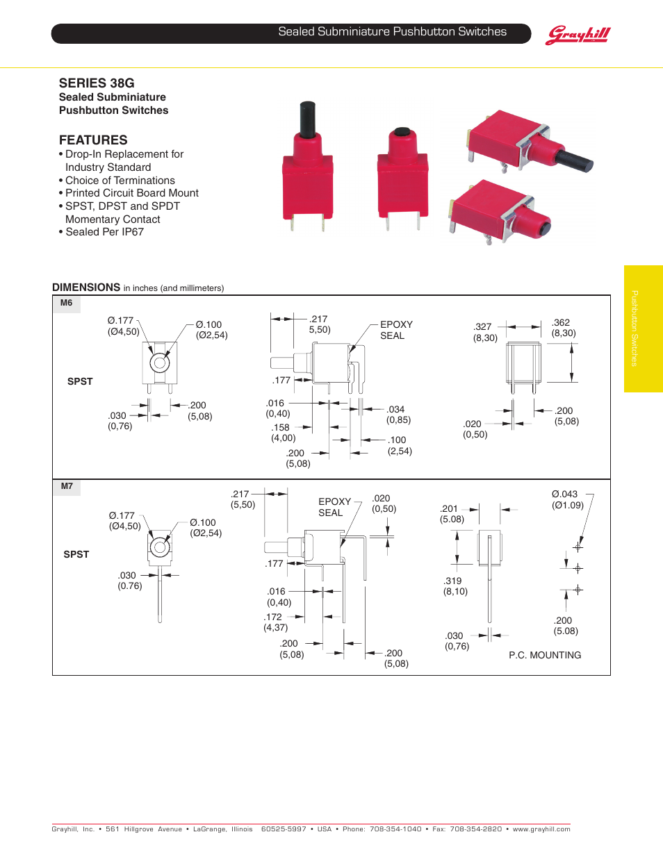 Grayhill Pushbutton switches: Butt Contact 38G Series User Manual | 4 pages