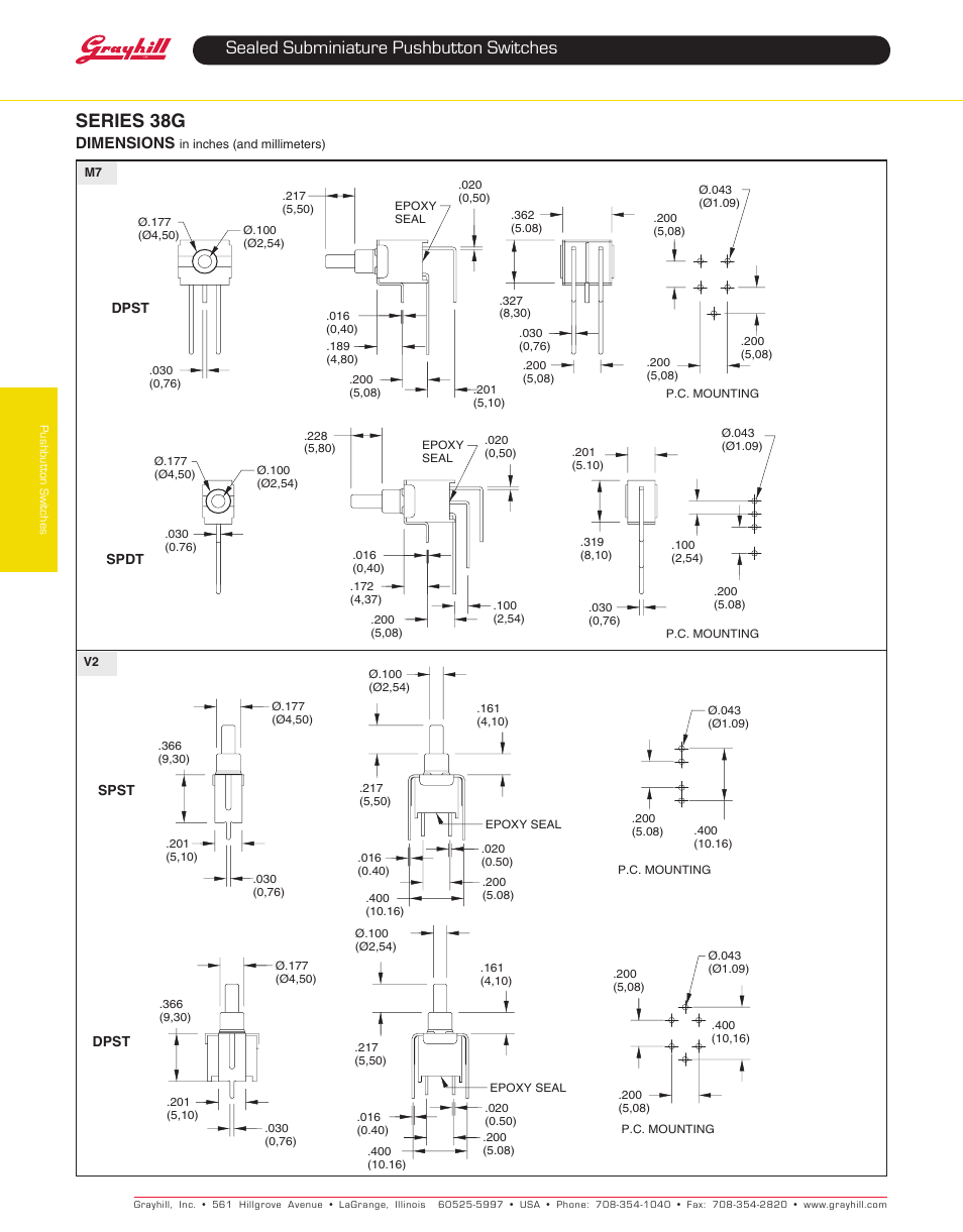 Sealed subminiature pushbutton switches, Series 38g, Dimensions | Grayhill Pushbutton switches: Butt Contact 38G Series User Manual | Page 2 / 4