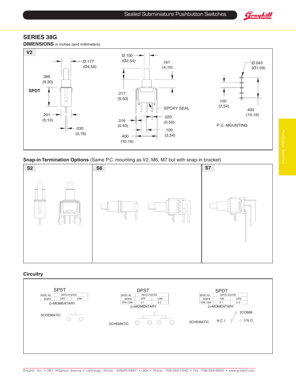 Sealed subminiature pushbutton switches, Series 38g, Dimensions | Circuitry v2, S2 s6 s7 | Grayhill Pushbutton switches: Butt Contact 38G Series User Manual | Page 3 / 4