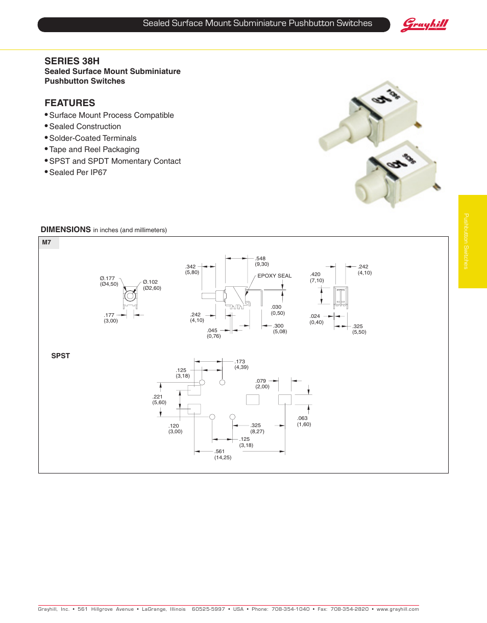 Grayhill Pushbutton switches: Butt Contact 38H Series User Manual | 4 pages