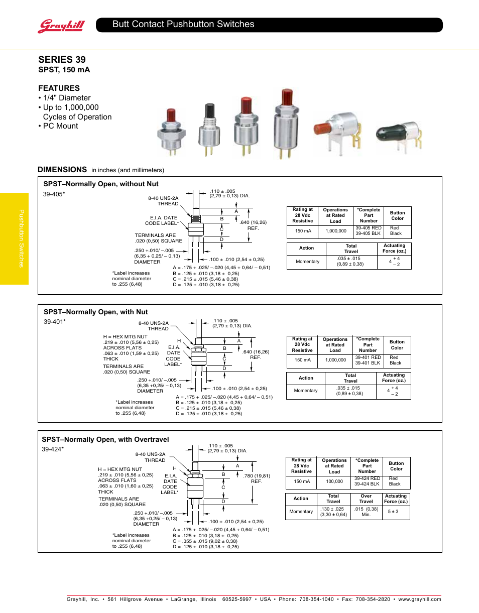 Grayhill Pushbutton switches: Butt Contact 39 PC Mount Series User Manual | 2 pages