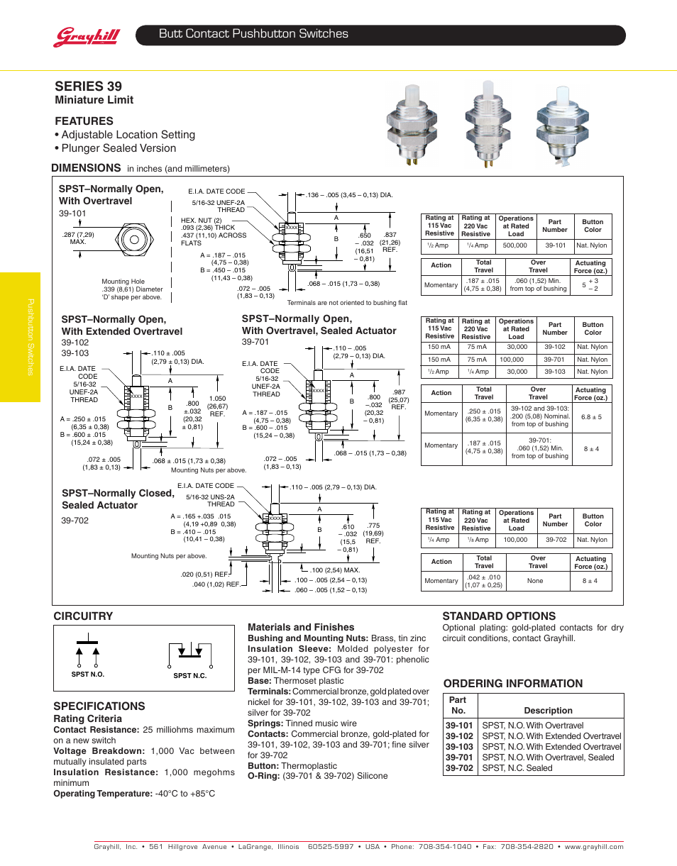 Grayhill Pushbutton switches: Butt Contact 39 Limit Switch Series User Manual | 1 page