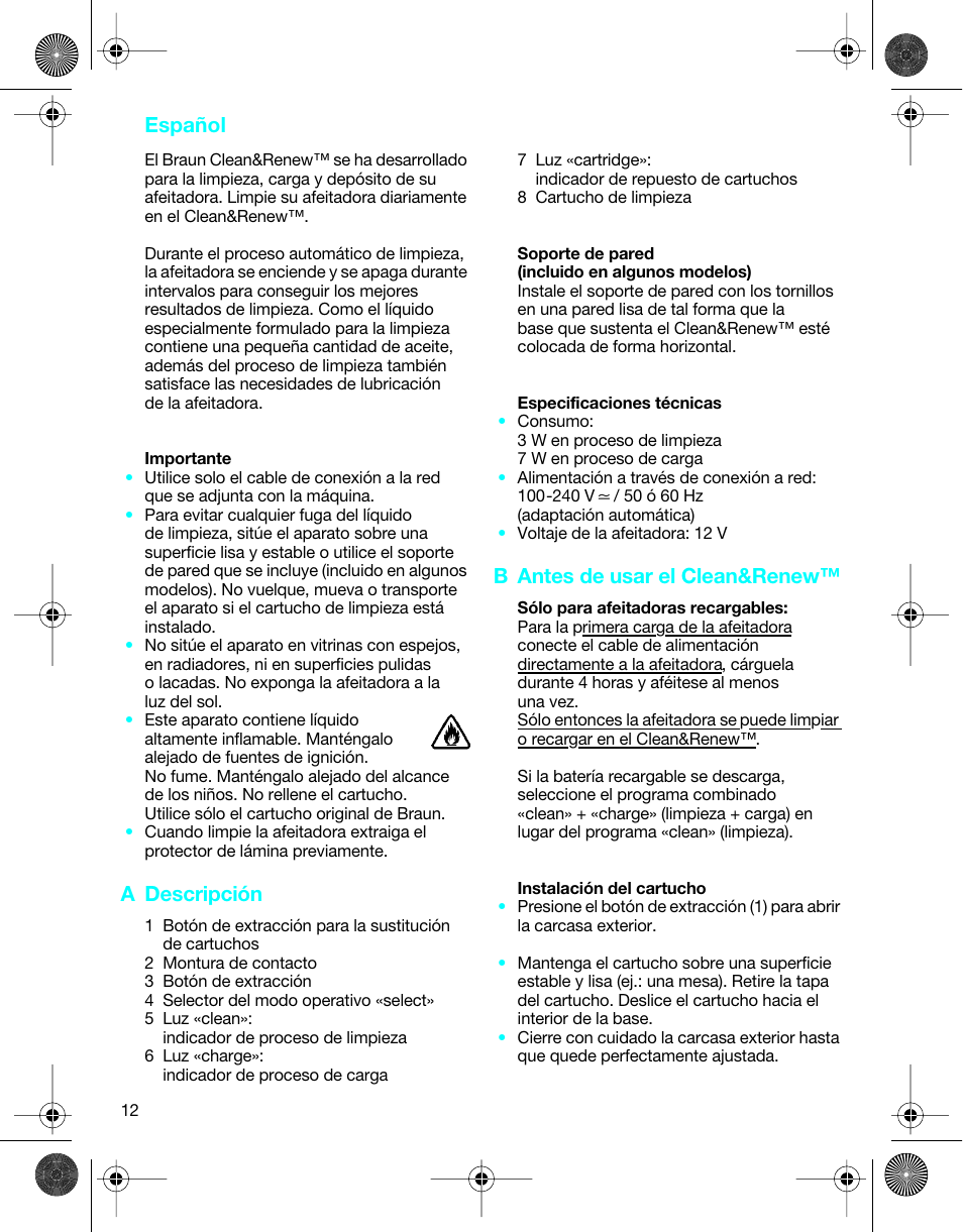 Español, A descripción, B antes de usar el clean&renew | Braun 5301 User Manual | Page 11 / 40